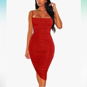 Women's Ruched Spaghetti Strap Bodycon Party Club Midi Dress Red Sz Small